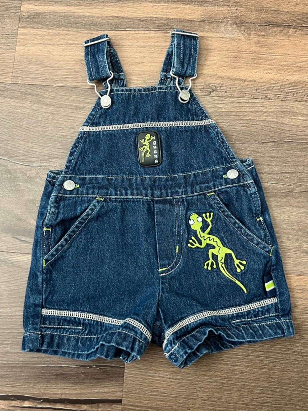 Vintage KRU Supplies Baby Boy Denim Embroidered Iguana Shortalls Size 6/9 Months